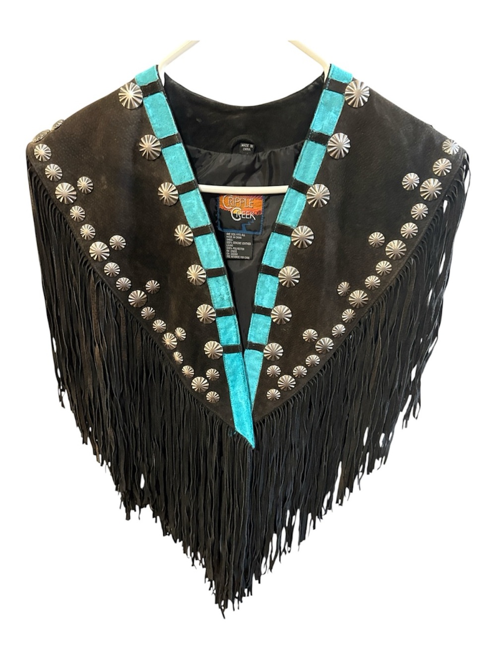 Black Leather Shawl with Turquoise accents and studding - Picture 2 of 8
